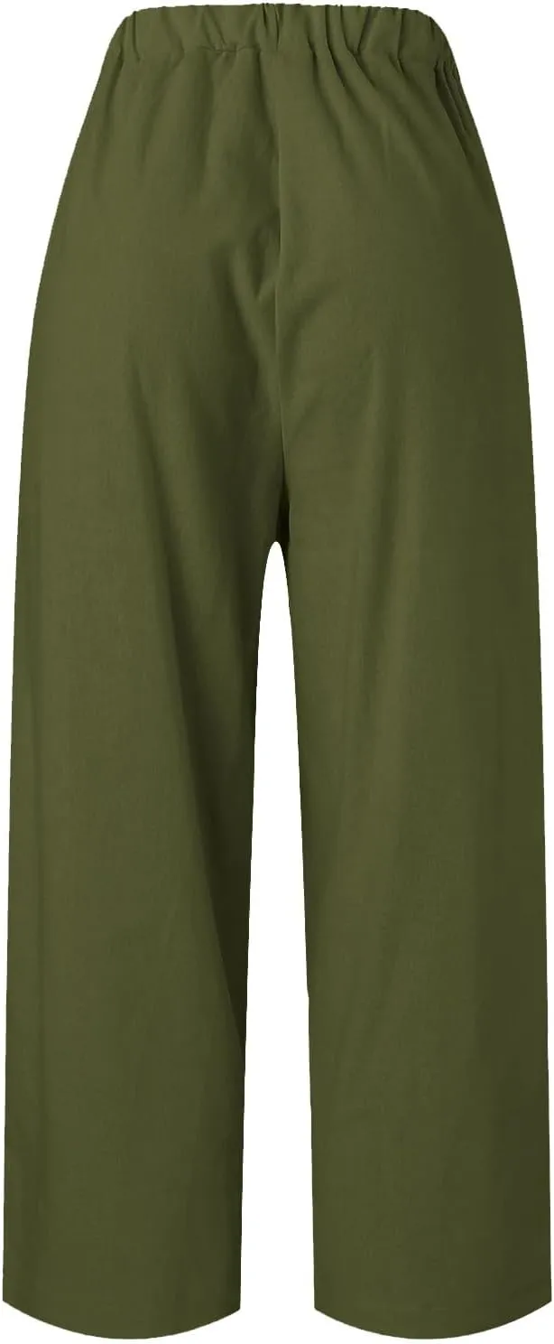 cooki Women Cotton Linen Casual Pants Drawstring Elastic High Waist Loose Comfy Straight Leg Pants with Pockets Workout Pants
