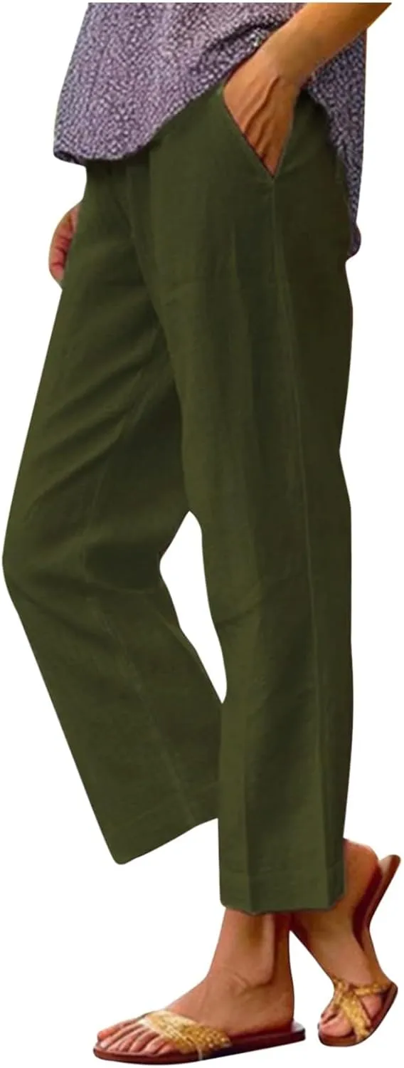 cooki Women Cotton Linen Casual Pants Drawstring Elastic High Waist Loose Comfy Straight Leg Pants with Pockets Workout Pants