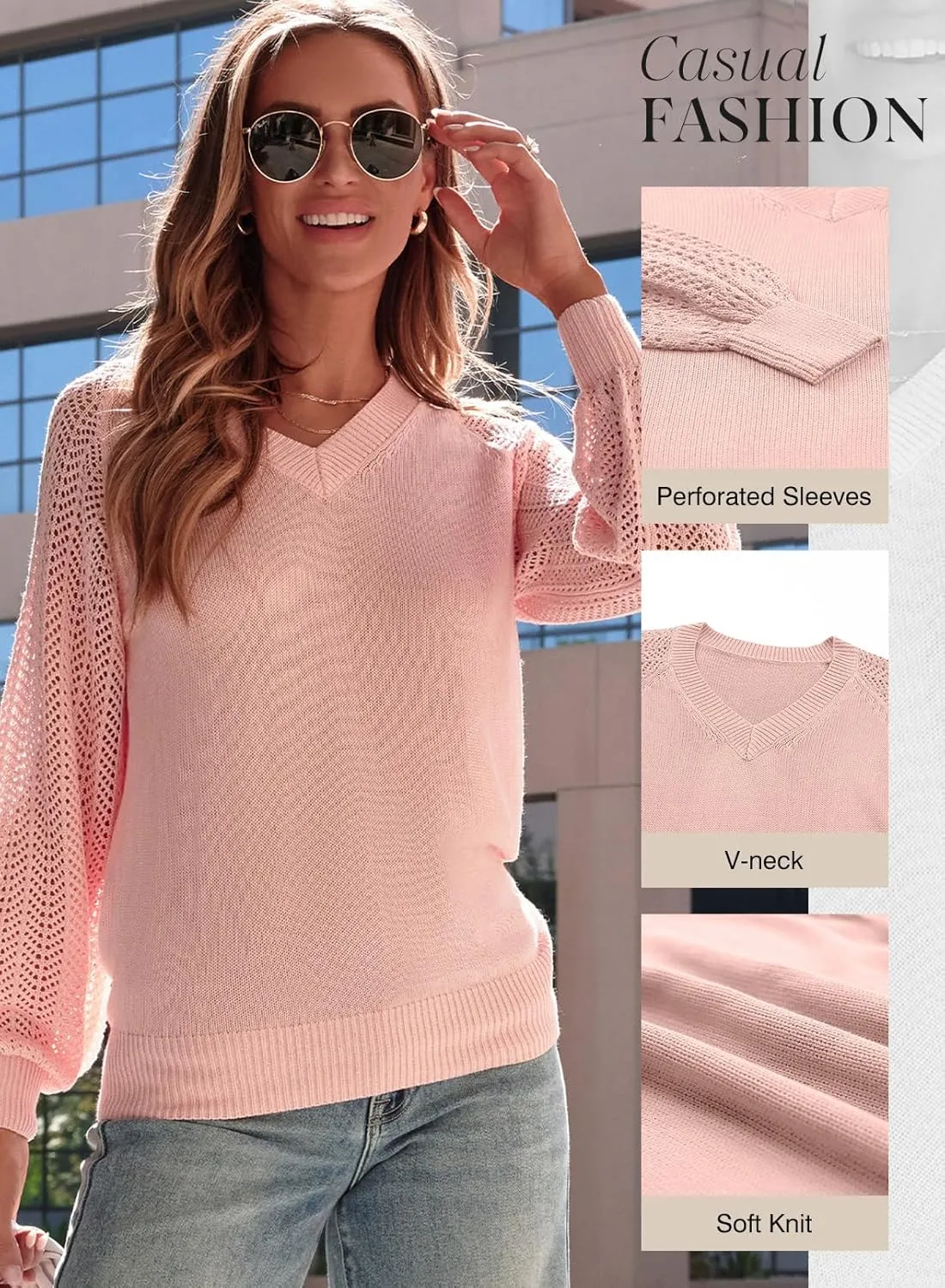 Dokotoo Women's Casual V-Neck Long Sleeve Sweaters Solid Color Pullover Knit Sweater Jumper Tops