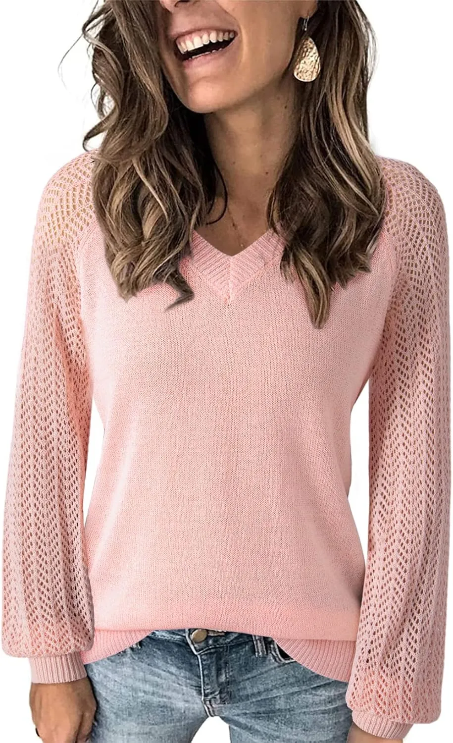 Dokotoo Women's Casual V-Neck Long Sleeve Sweaters Solid Color Pullover Knit Sweater Jumper Tops