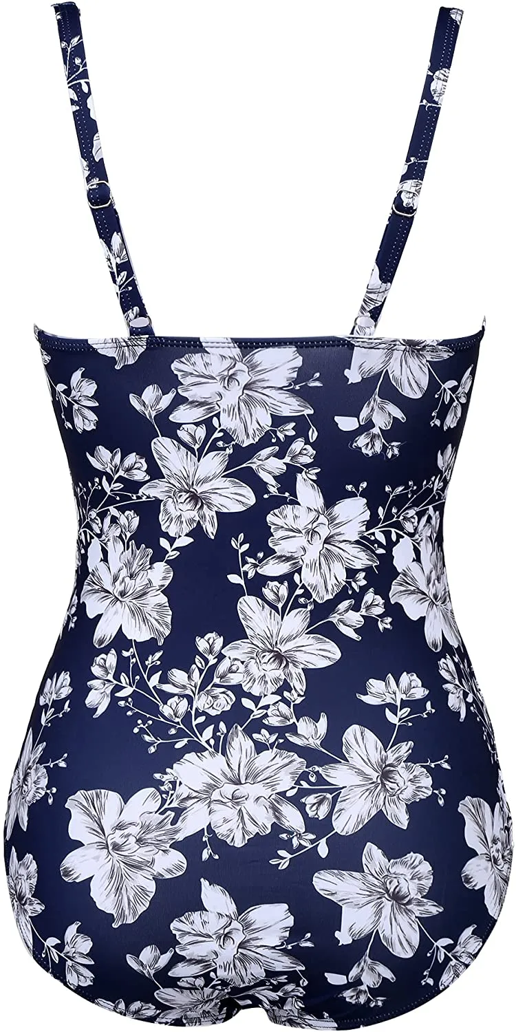 Elegant Port City Flower White Tummy Control One Piece Swimwear