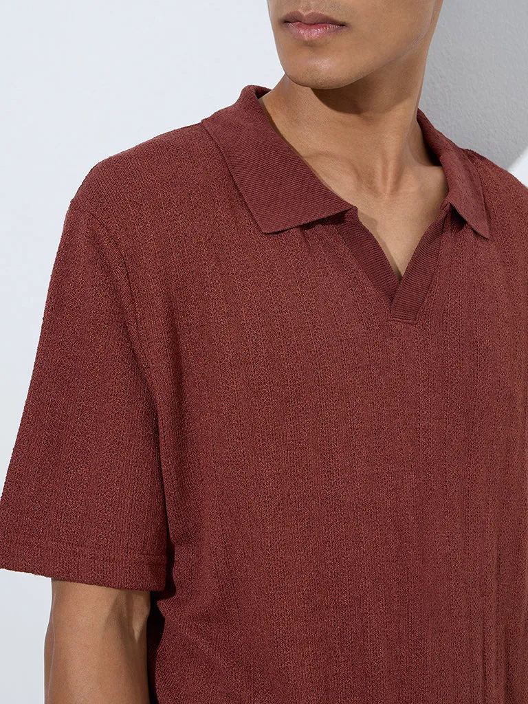 ETA Burgundy Knit-Textured Relaxed-Fit Polo T-Shirt