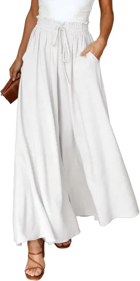 EVALESS Womens Casual Wide Leg Pants Flowy Elastic Drawstring Waist Palazzo Pants with Pockets