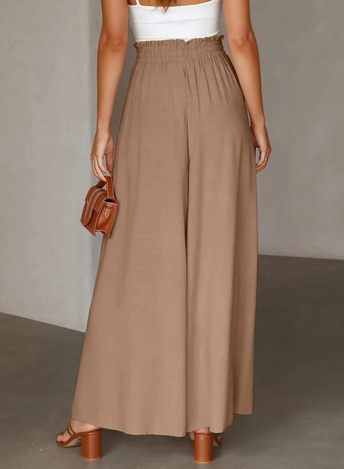 EVALESS Womens Casual Wide Leg Pants Flowy Elastic Drawstring Waist Palazzo Pants with Pockets