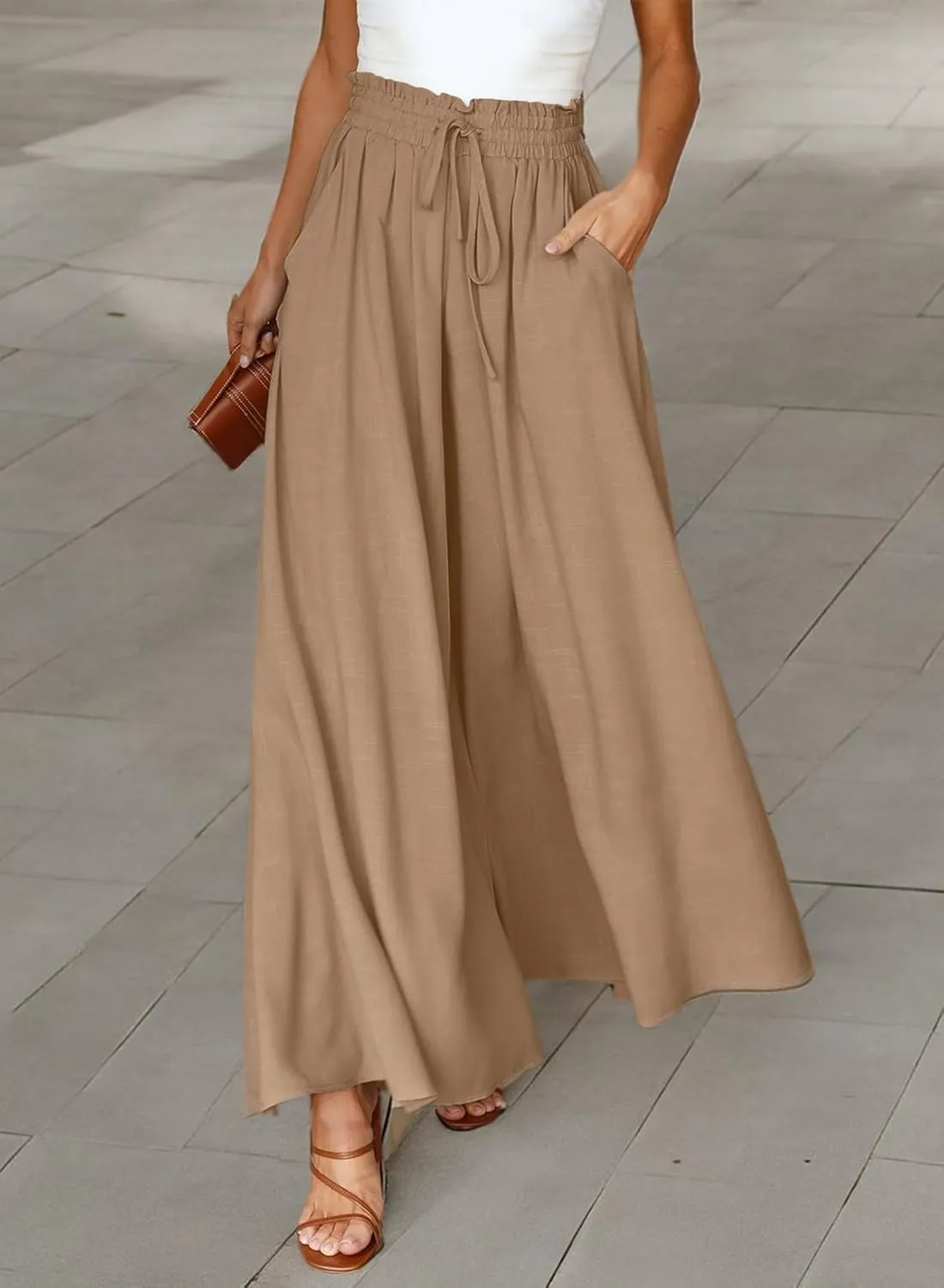 EVALESS Womens Casual Wide Leg Pants Flowy Elastic Drawstring Waist Palazzo Pants with Pockets