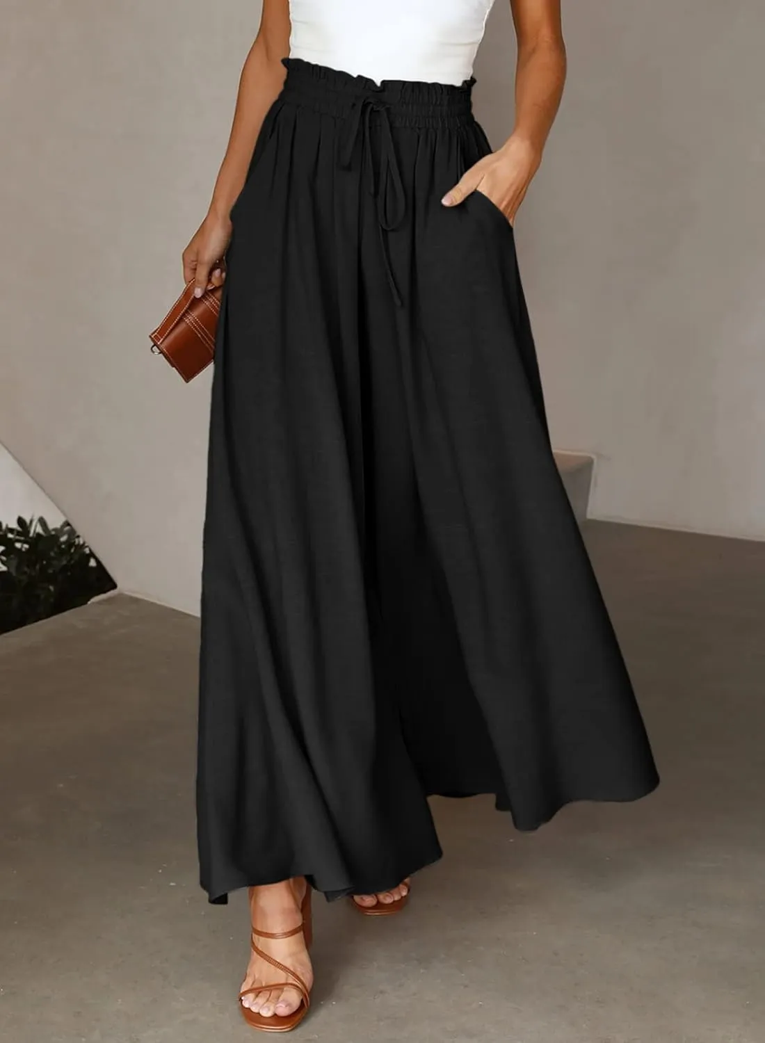 EVALESS Womens Casual Wide Leg Pants Flowy Elastic Drawstring Waist Palazzo Pants with Pockets