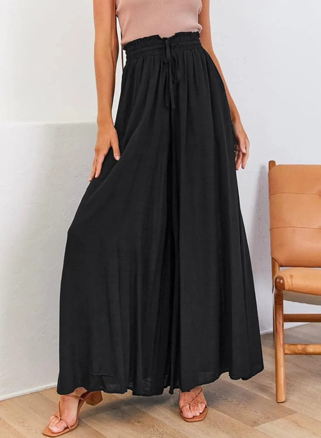 EVALESS Womens Casual Wide Leg Pants Flowy Elastic Drawstring Waist Palazzo Pants with Pockets