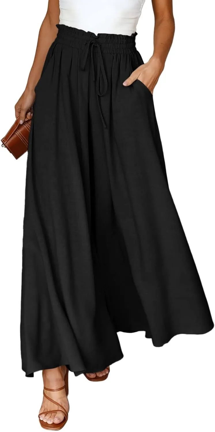 EVALESS Womens Casual Wide Leg Pants Flowy Elastic Drawstring Waist Palazzo Pants with Pockets