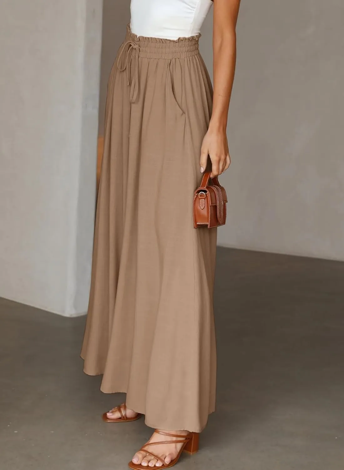 EVALESS Womens Casual Wide Leg Pants Flowy Elastic Drawstring Waist Palazzo Pants with Pockets