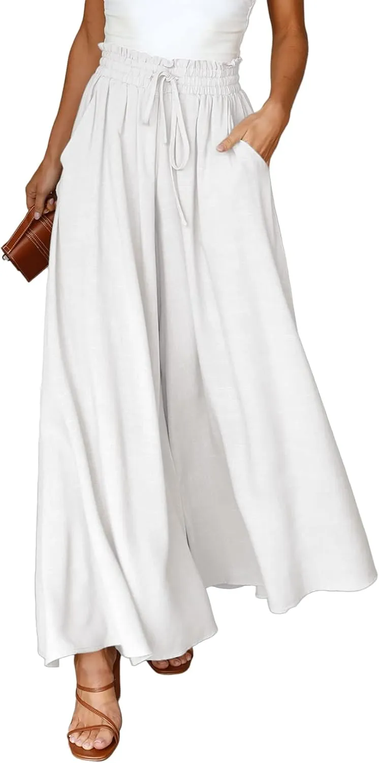 EVALESS Womens Casual Wide Leg Pants Flowy Elastic Drawstring Waist Palazzo Pants with Pockets