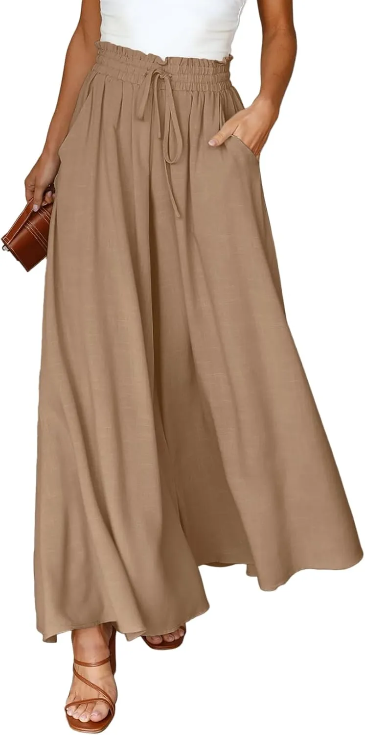 EVALESS Womens Casual Wide Leg Pants Flowy Elastic Drawstring Waist Palazzo Pants with Pockets