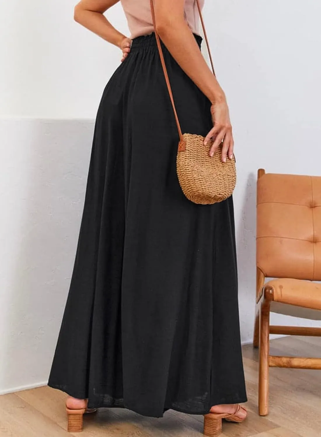EVALESS Womens Casual Wide Leg Pants Flowy Elastic Drawstring Waist Palazzo Pants with Pockets