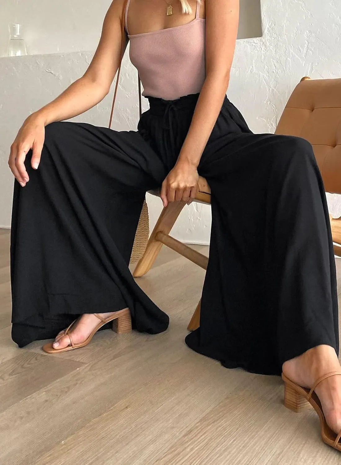 EVALESS Womens Casual Wide Leg Pants Flowy Elastic Drawstring Waist Palazzo Pants with Pockets