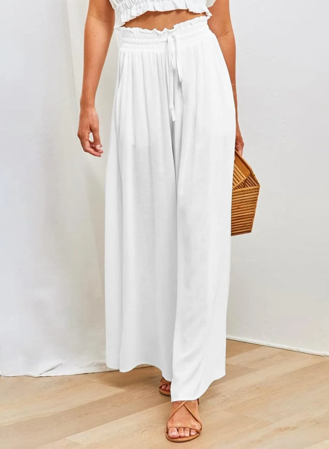 EVALESS Womens Casual Wide Leg Pants Flowy Elastic Drawstring Waist Palazzo Pants with Pockets
