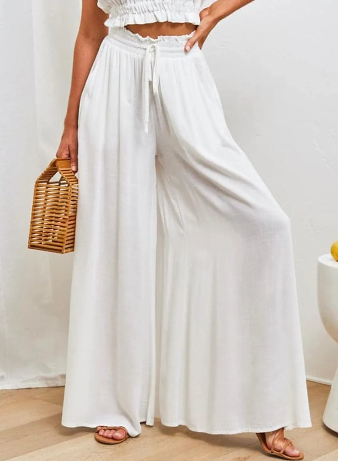 EVALESS Womens Casual Wide Leg Pants Flowy Elastic Drawstring Waist Palazzo Pants with Pockets