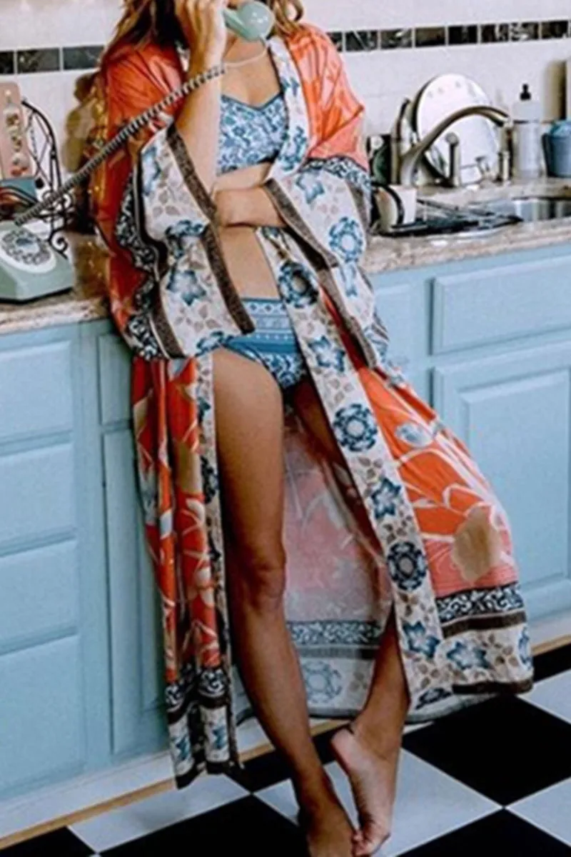 Floral Crane Print Beach Kimono With Belt