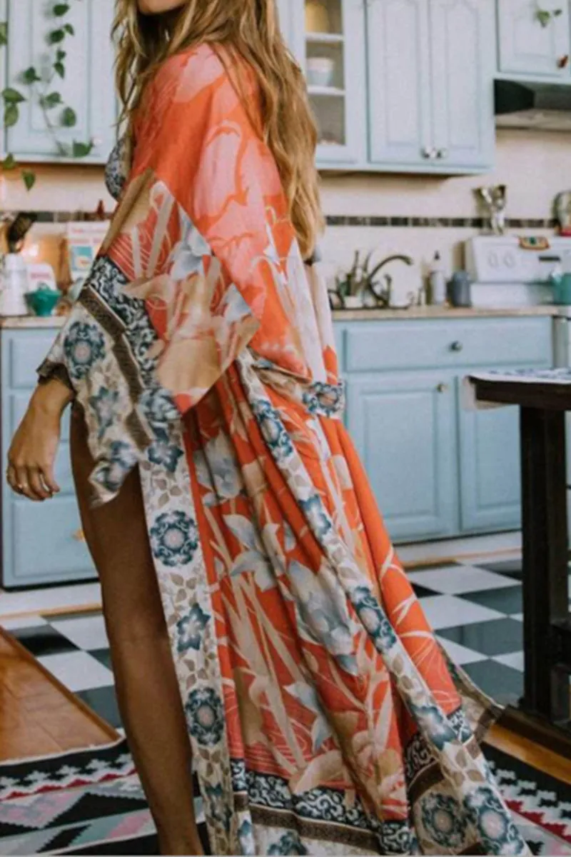 Floral Crane Print Beach Kimono With Belt