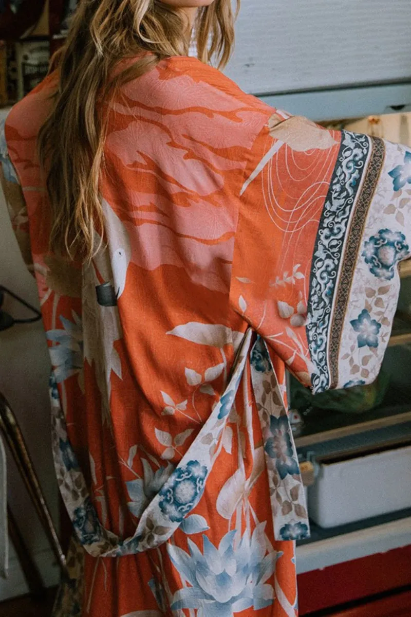 Floral Crane Print Beach Kimono With Belt