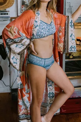 Floral Crane Print Beach Kimono With Belt