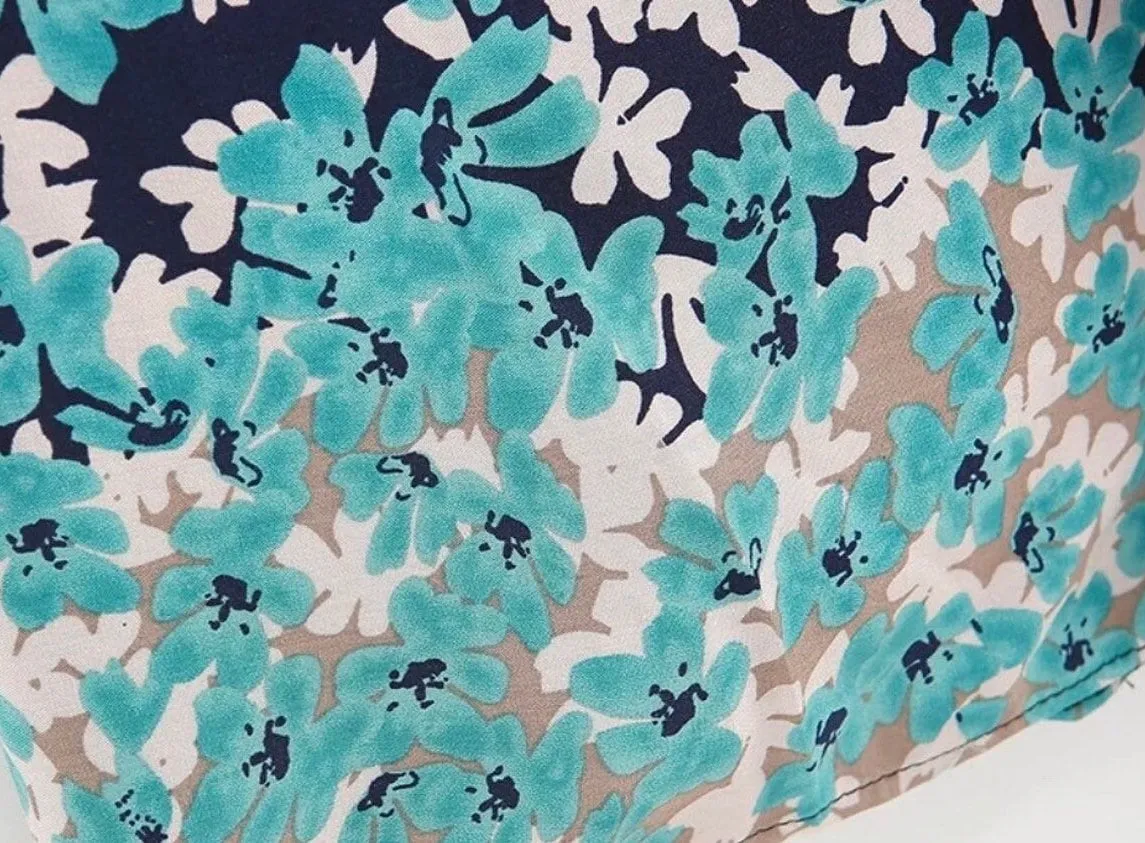 Floral Marina Kimono Robe Resort Chic navy blue aqua flowers Boho beach cover up swim bath wrap pool women turquoise taupe 3/4 short M XL