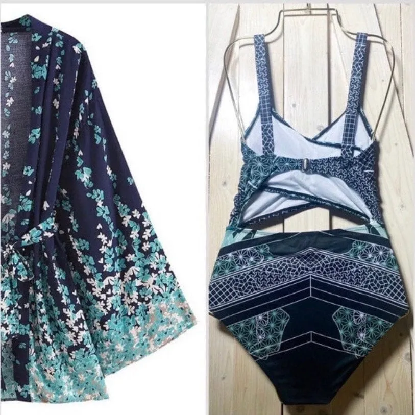 Floral Marina Kimono Robe Resort Chic navy blue aqua flowers Boho beach cover up swim bath wrap pool women turquoise taupe 3/4 short M XL