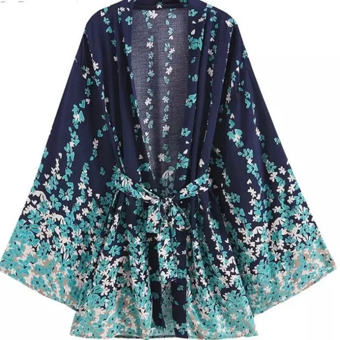 Floral Marina Kimono Robe Resort Chic navy blue aqua flowers Boho beach cover up swim bath wrap pool women turquoise taupe 3/4 short M XL