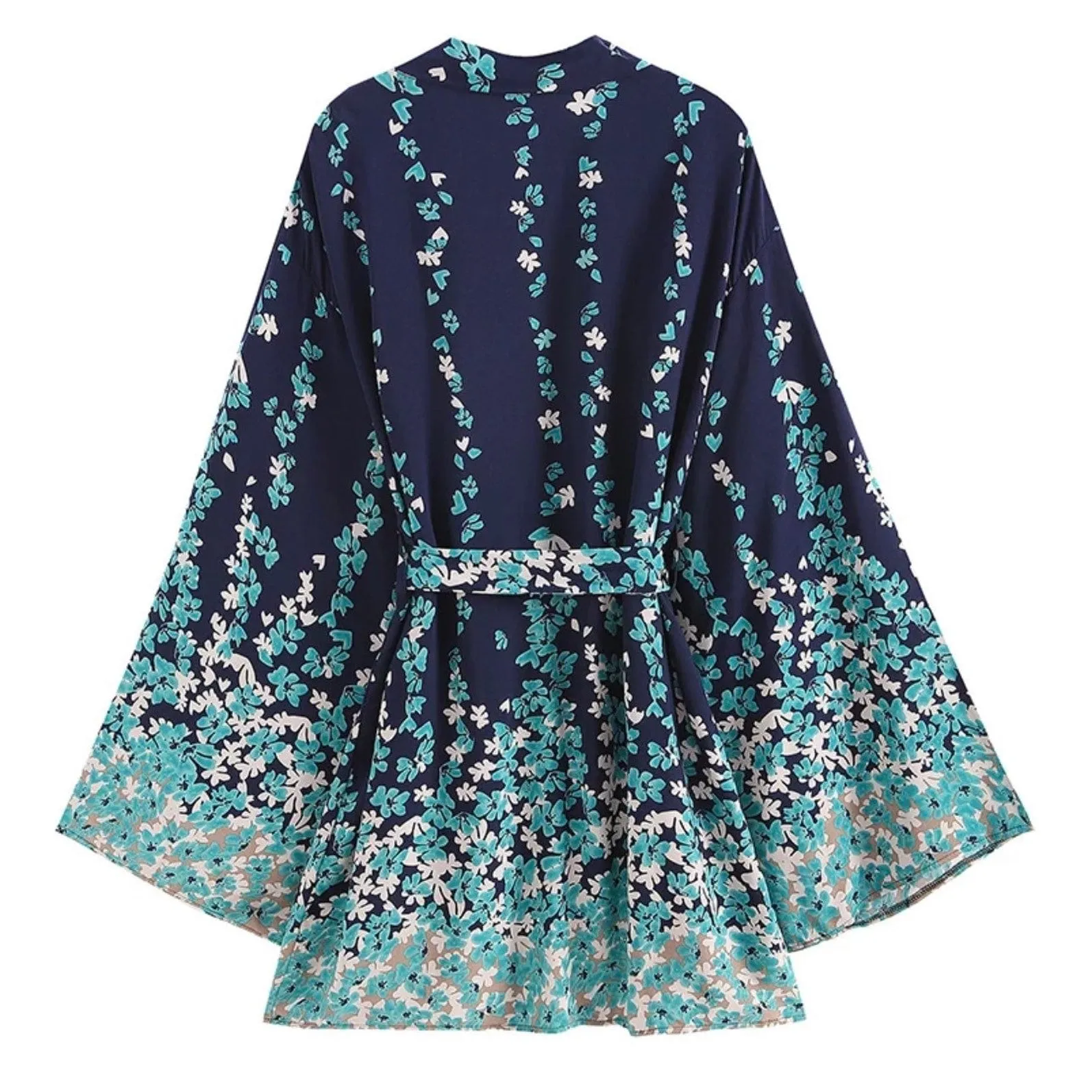 Floral Marina Kimono Robe Resort Chic navy blue aqua flowers Boho beach cover up swim bath wrap pool women turquoise taupe 3/4 short M XL