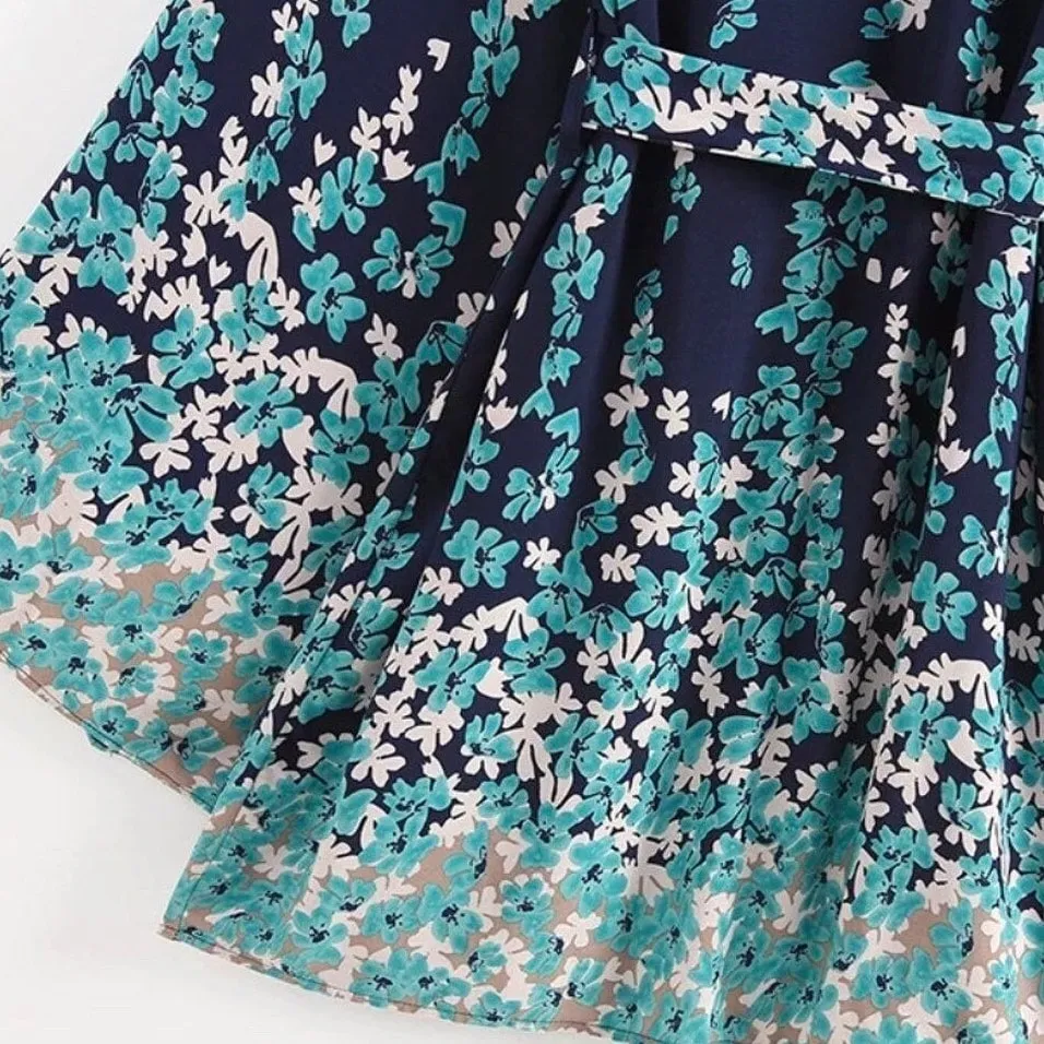 Floral Marina Kimono Robe Resort Chic navy blue aqua flowers Boho beach cover up swim bath wrap pool women turquoise taupe 3/4 short M XL