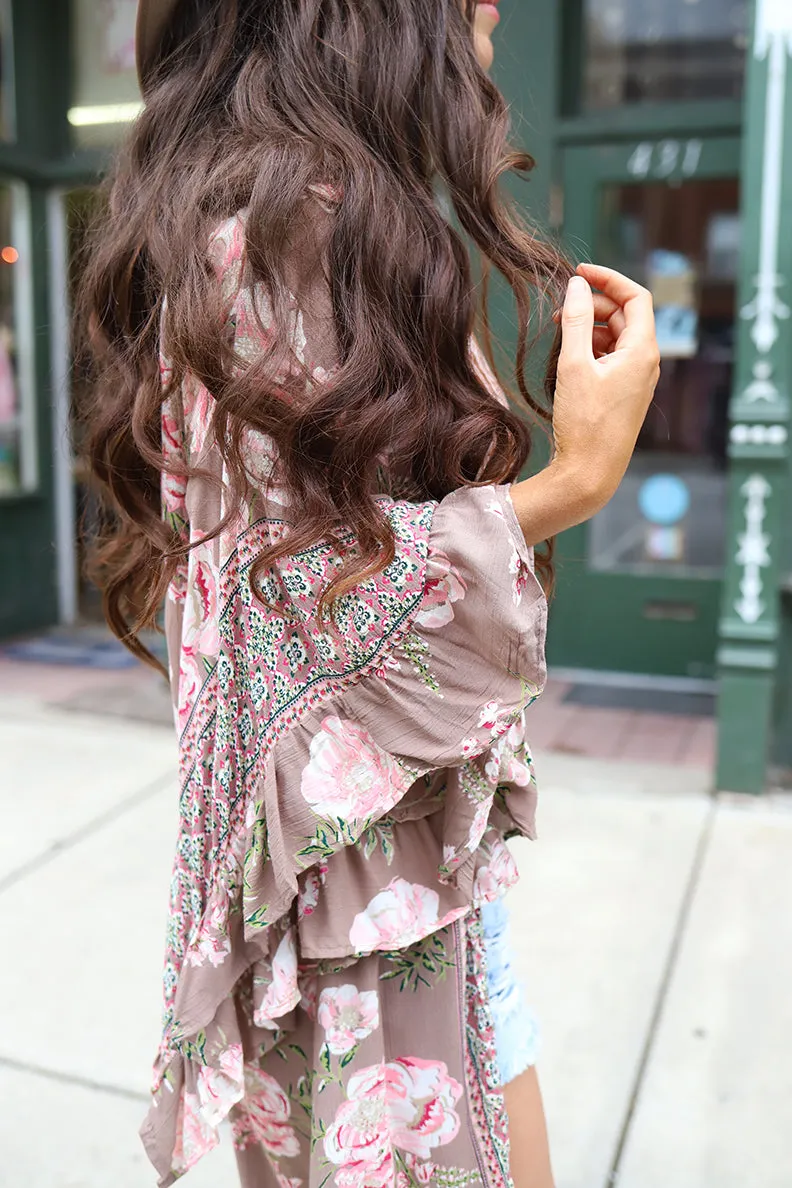 Floral Romance Ruffled Bell Sleeve Floral Kimono