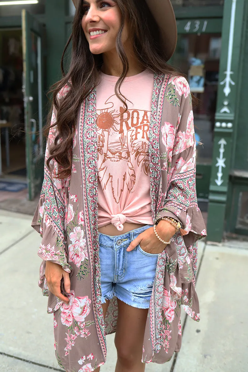 Floral Romance Ruffled Bell Sleeve Floral Kimono