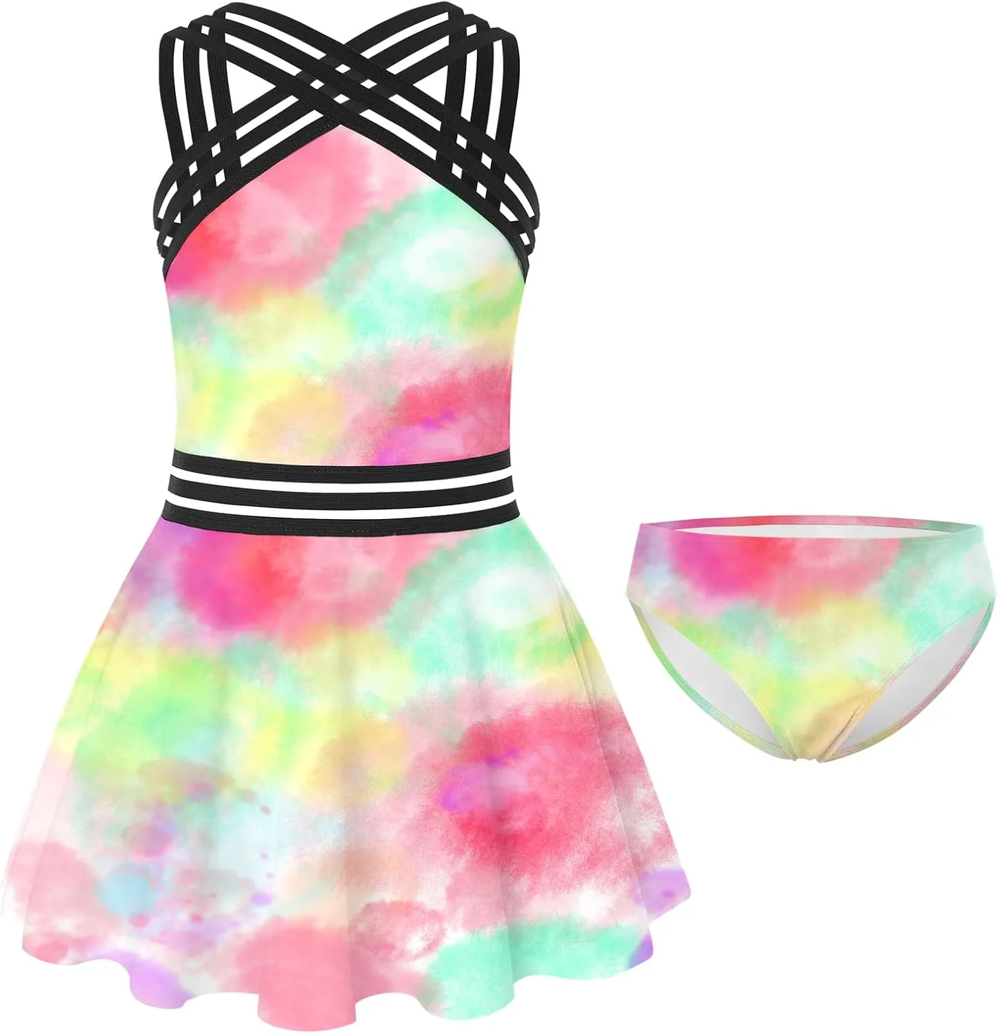 Girls Tankini Swimsuits Set size 7-14T Two Piece Swim Skirt and Bikini Bottom Criss-Cross Hawaii Bathing Suit
