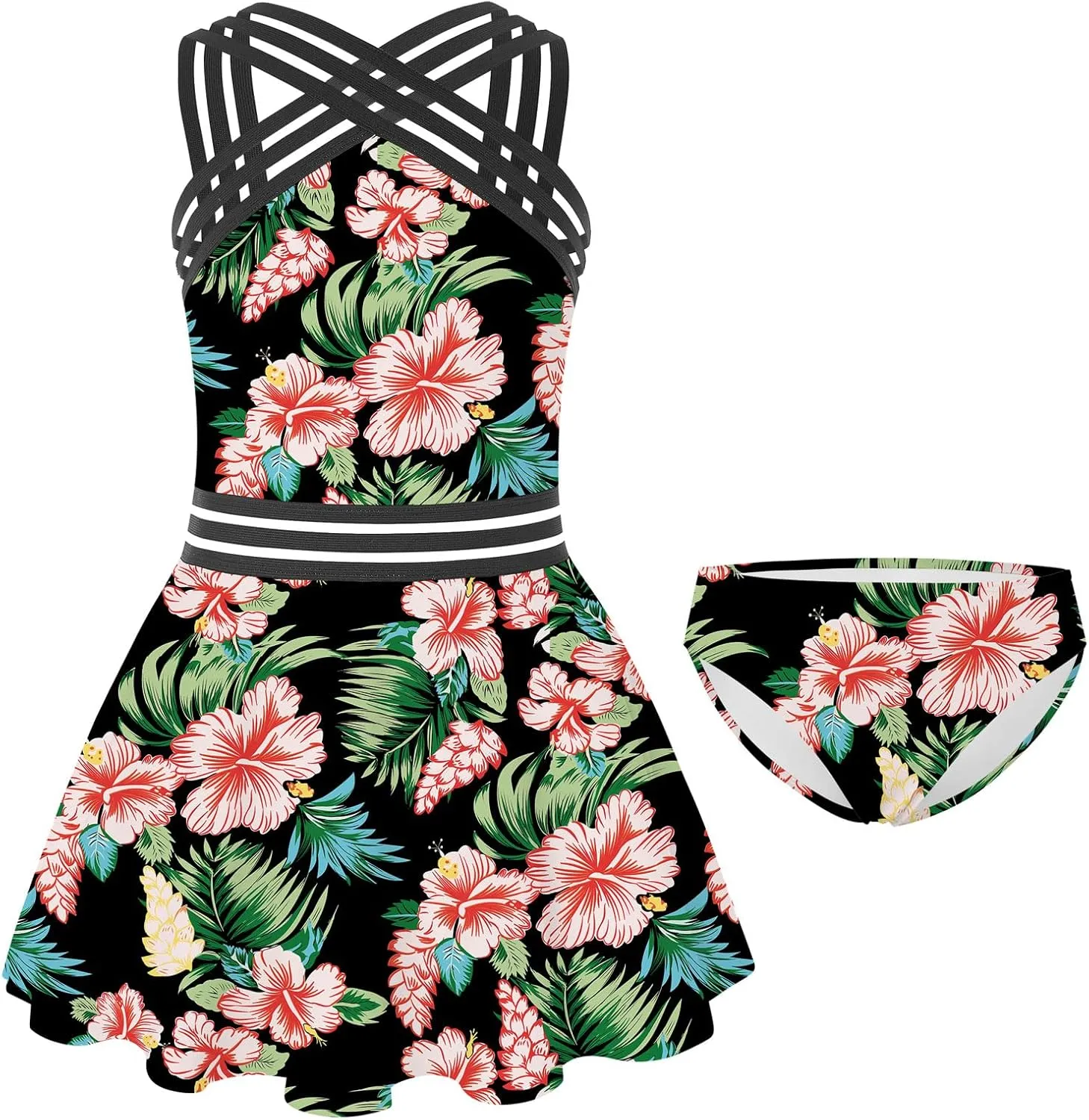 Girls Tankini Swimsuits Set size 7-14T Two Piece Swim Skirt and Bikini Bottom Criss-Cross Hawaii Bathing Suit