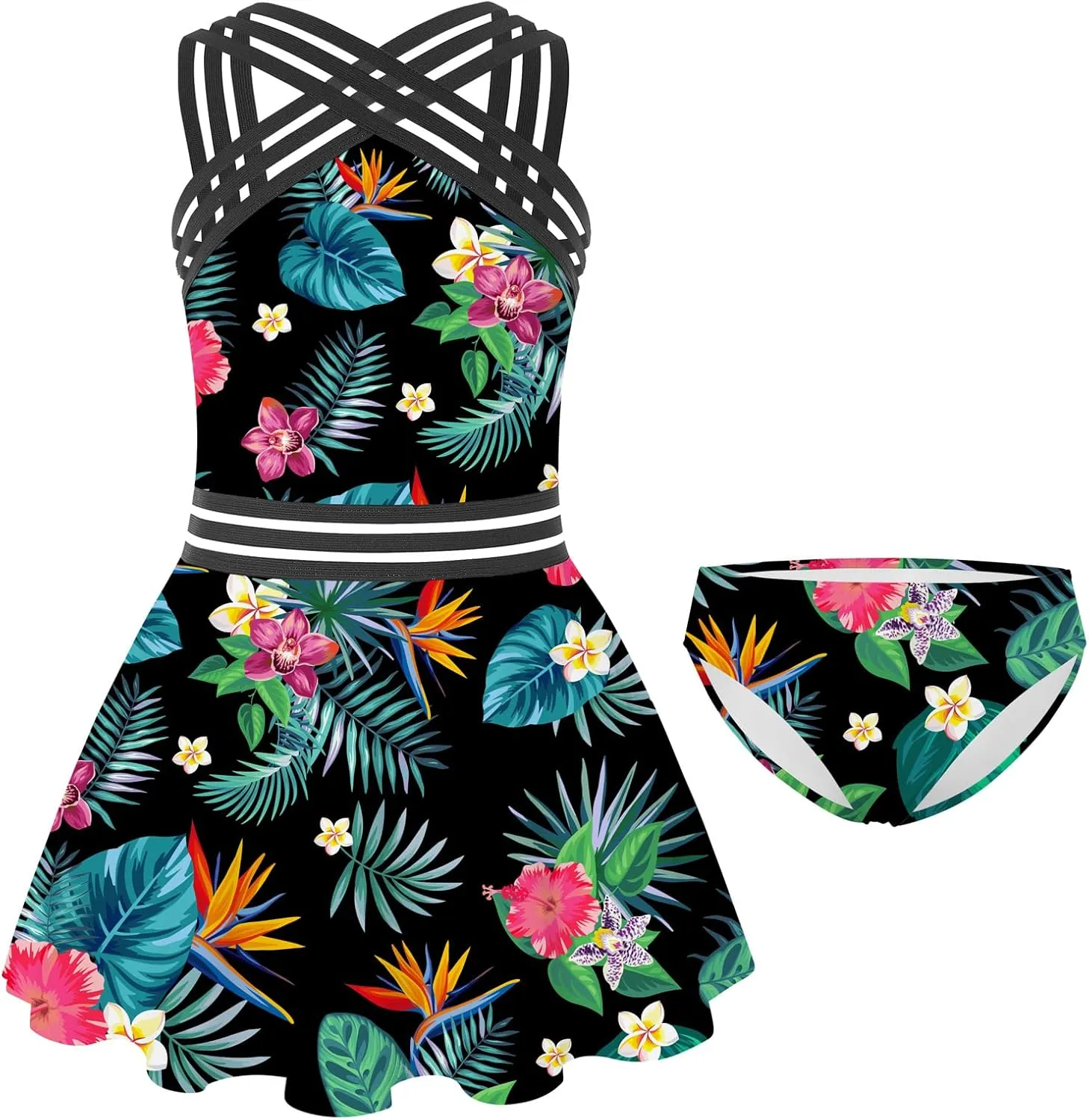 Girls Tankini Swimsuits Set size 7-14T Two Piece Swim Skirt and Bikini Bottom Criss-Cross Hawaii Bathing Suit