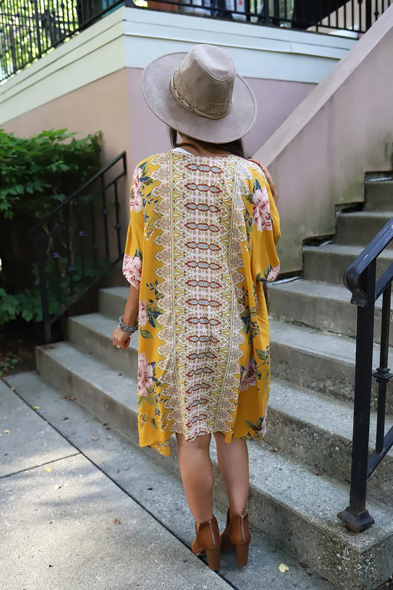 Golden Gypsy Mixed Floral Boho Kimono