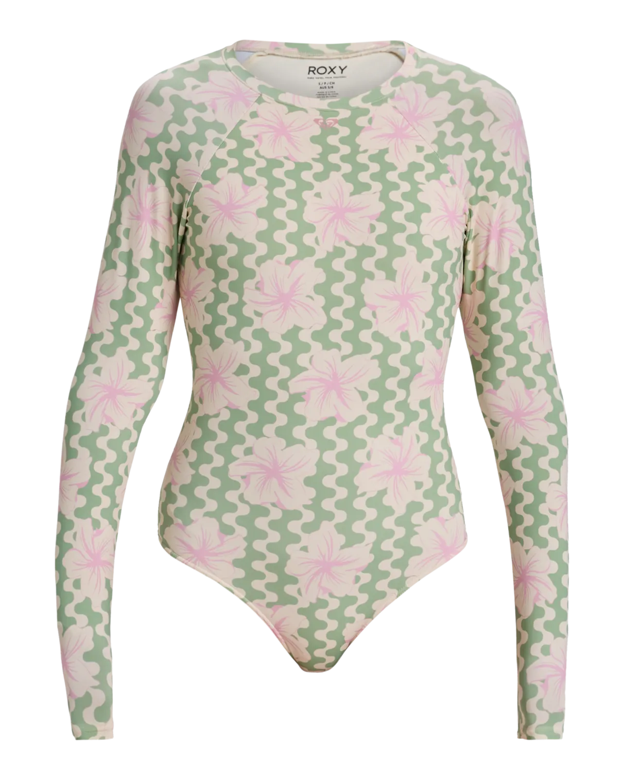 Hibiscus Daze Long Sleeve Onesie Swimsuit in Basil Party Waves