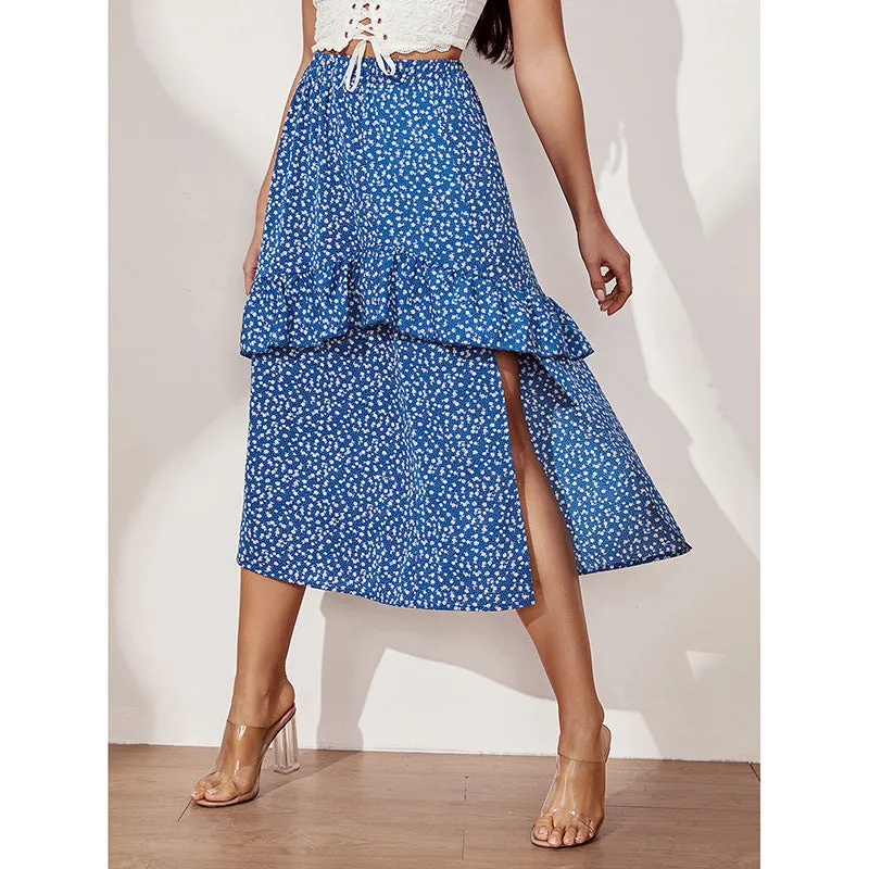 High-Waist Printed Wood Ear Side All-Match Slit Skirt Wholesale Women'S Bottom