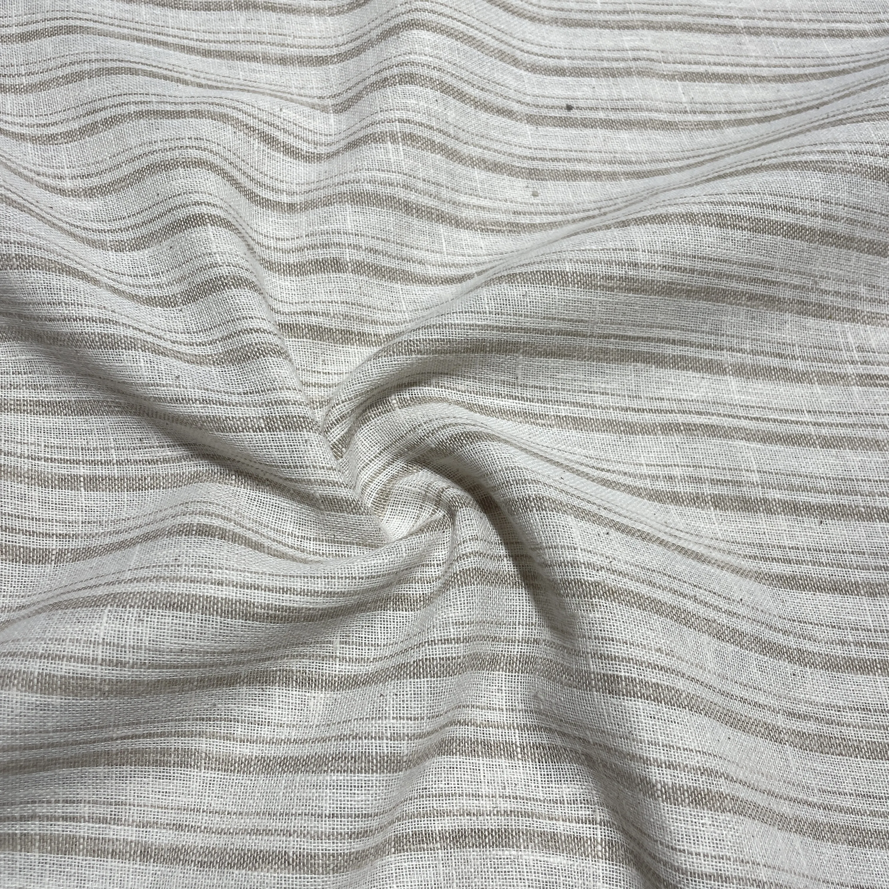 Khaki & Off White Stripes Print Cotton Linen Fabric 18446