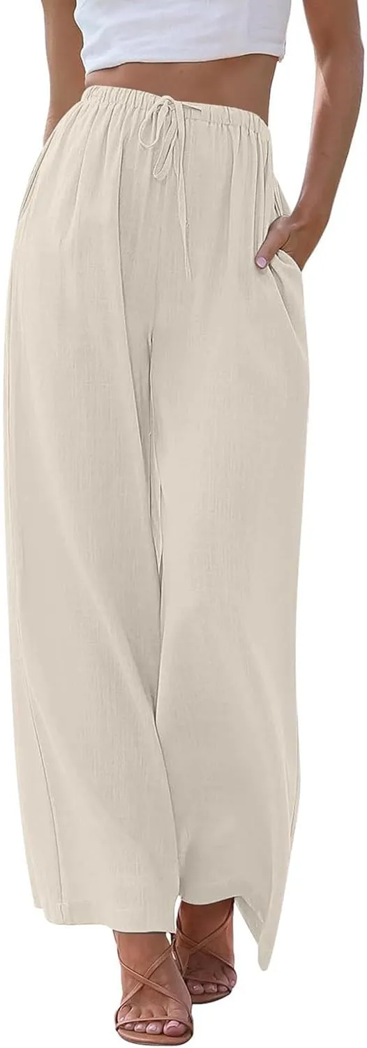 Kiench Women Linen Palazzo Pants Wide Leg Summer Casual Flowy Pants with Pockets