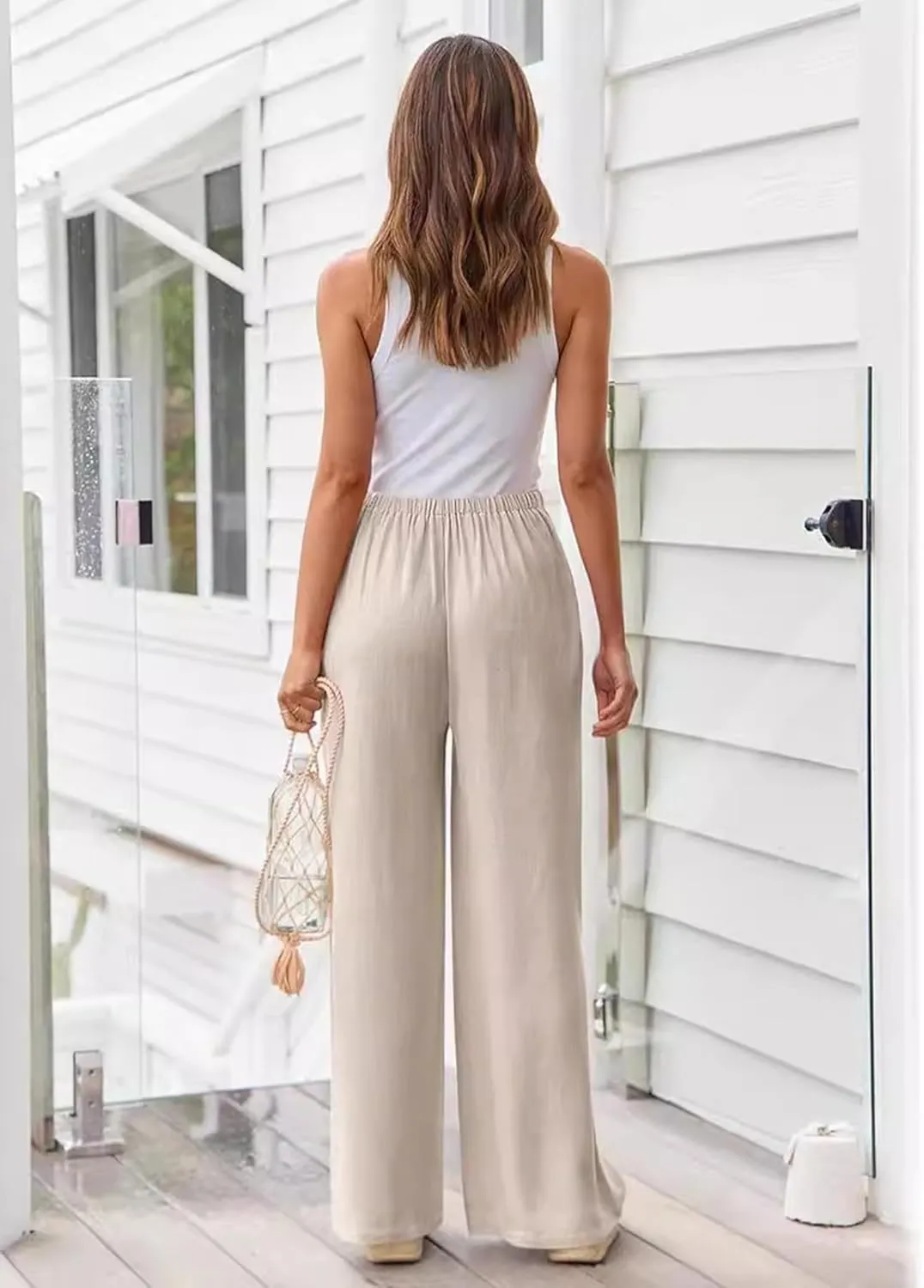 Kiench Women Linen Palazzo Pants Wide Leg Summer Casual Flowy Pants with Pockets