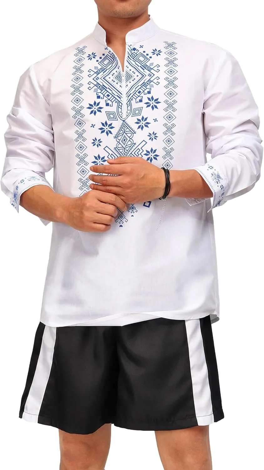 KUOIN African Shirts for Men Dashiki Print Henley Shirt Slim Fit White Half Zip Casual Tunic Beach T-Shirt