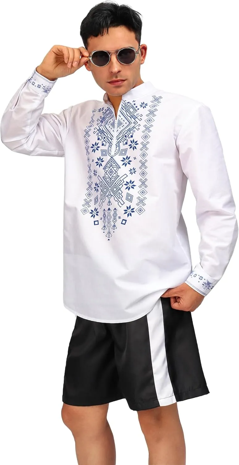 KUOIN African Shirts for Men Dashiki Print Henley Shirt Slim Fit White Half Zip Casual Tunic Beach T-Shirt
