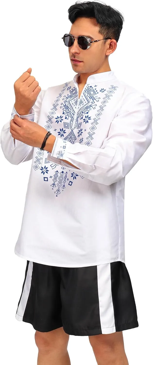 KUOIN African Shirts for Men Dashiki Print Henley Shirt Slim Fit White Half Zip Casual Tunic Beach T-Shirt