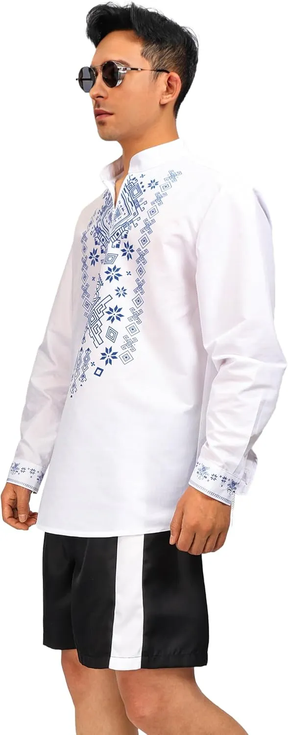 KUOIN African Shirts for Men Dashiki Print Henley Shirt Slim Fit White Half Zip Casual Tunic Beach T-Shirt