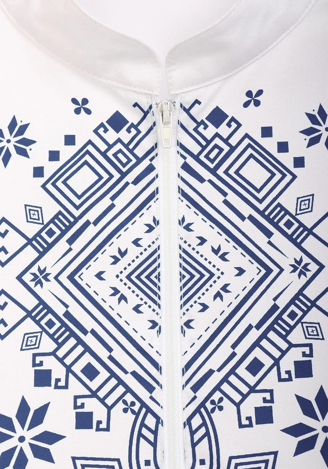 KUOIN African Shirts for Men Dashiki Print Henley Shirt Slim Fit White Half Zip Casual Tunic Beach T-Shirt