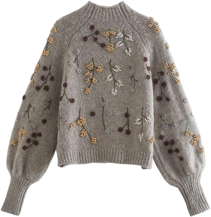 Ladies Beaded Floral Turtleneck Sweater Sweater Women Elegant Oversized Sweater Chic Tops