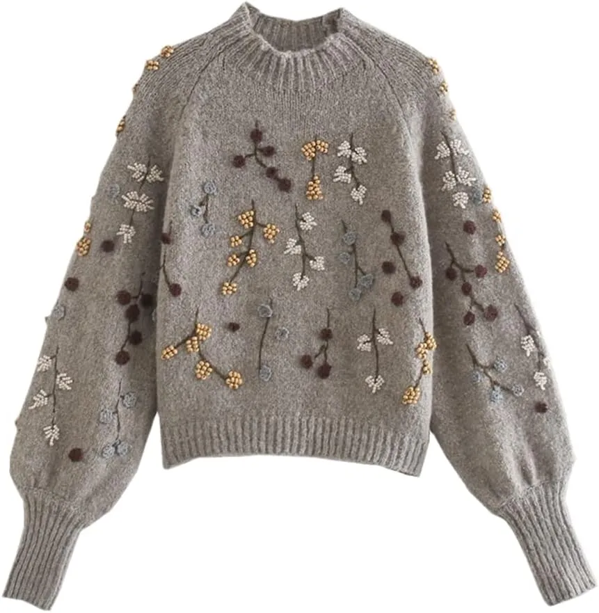 Ladies Beaded Floral Turtleneck Sweater Sweater Women Elegant Oversized Sweater Chic Tops