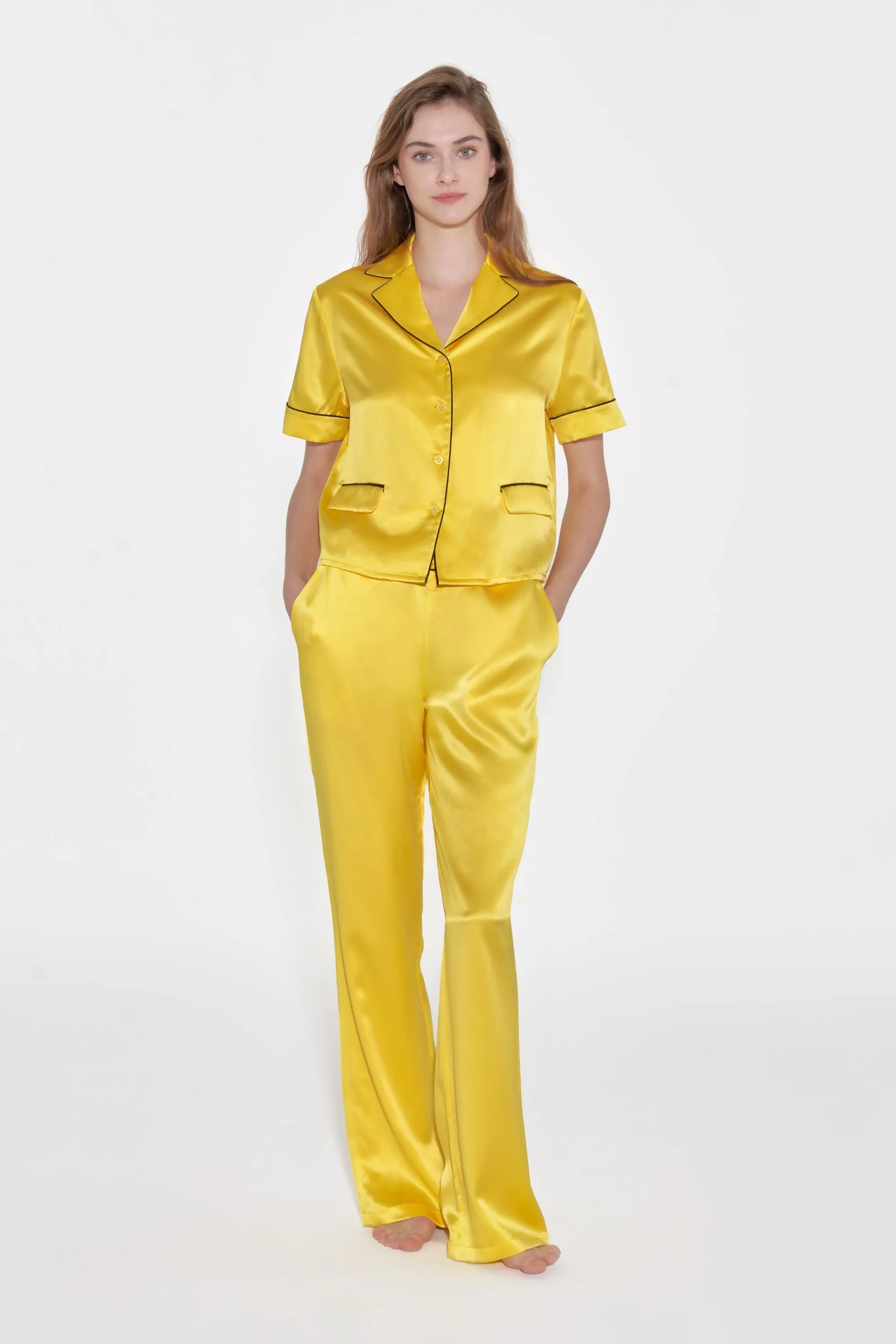 Lemon Yellow Short Sleeved Silk Pyjama Set