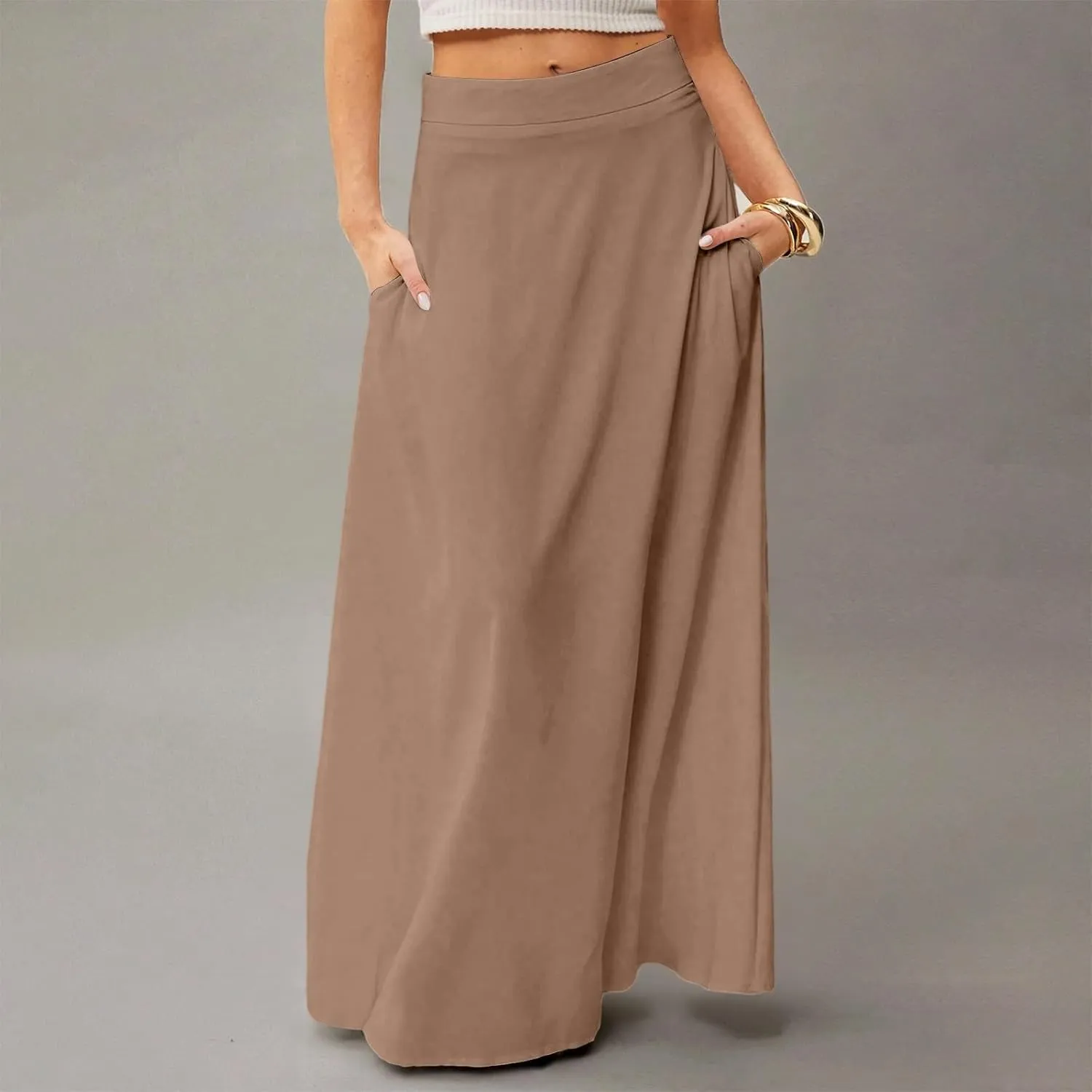 Long Maxi Skirts for Women Solid Color Pleated Flowy Swing A Line Skirt Beach Vacation Skorts with Pockets