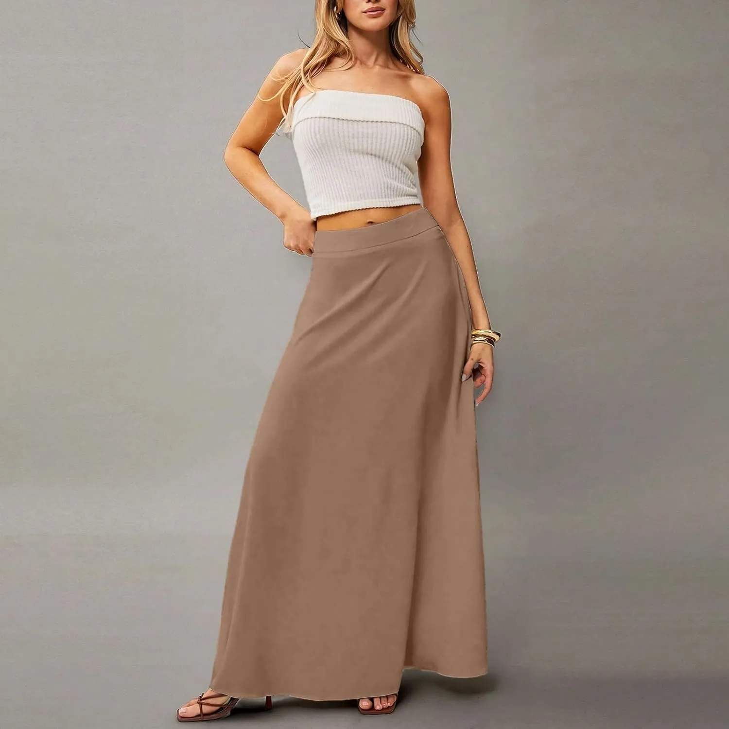 Long Maxi Skirts for Women Solid Color Pleated Flowy Swing A Line Skirt Beach Vacation Skorts with Pockets