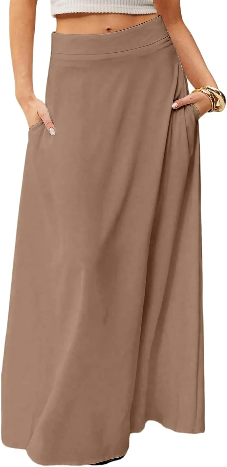 Long Maxi Skirts for Women Solid Color Pleated Flowy Swing A Line Skirt Beach Vacation Skorts with Pockets